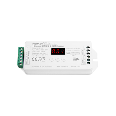 GLOBOSTAR® MiBOXER-D1-CX 71424 DC DMX Master Dimmer / Controller / Decoder Υψηλής Ταχύτητας με 1 x 20A 480W Κανάλι DC 12-24V 20A 480W Max IP20 - DMX512 & RDM - Μ13 x Π5 x Υ2.5cm - 5 Χρόνια Εγγύηση