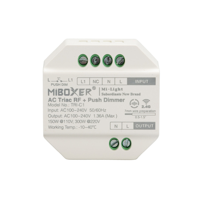 GLOBOSTAR® MiBOXER-TRI-C1 71432 AC Triac RF 2.4Ghz & Push Dimmer με 1 x 1.36A 300W Κανάλι AC 220-240V 1.36A 300W Max IP20 - RF 2.4Ghz & Push Dimming - Μ5 x Π5 x Υ2.3cm - 5 Χρόνια Εγγύηση