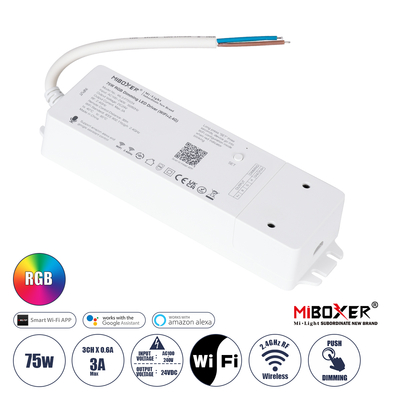 GloboStar® 71439 WL3-P75V24 Mi-BOXER DC Smart Wifi & RF 2.4Ghz & Push Dimming Power Supply Τροφοδοτικό SELV & Controller / Dimmer All in One 3 Καναλιών AC100-240V σε DC 24V 3 x 0.6A 14.4W - Max 3A 75W - IP20 RGB Μ19 x Π5.5 x Υ3.2cm - 5 Years Warranty