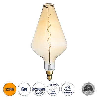 GLOBOSTAR® ROCKET 99022 Λάμπα E27 BA200 LED 6W 420lm 360° AC 220-240V IP20 Ultra Θερμό Λευκό 2200K Dimmable - Soft S Spiral Filament Chip - Μελί - Μ20 x Π20 x Υ41.5cm - 3 Χρόνια Εγγύηση