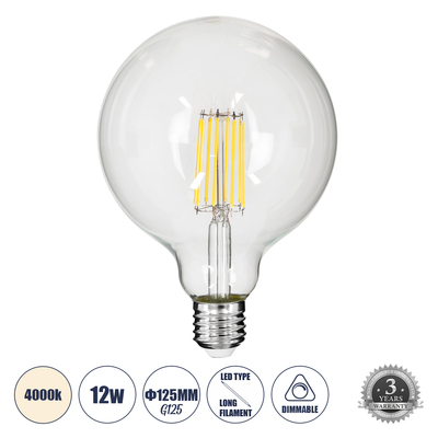GLOBOSTAR® BUBBLE 99055 Λάμπα E27 G125 LED 12W 1320lm 360° AC 220-240V IP20 Φυσικό Λευκό 4500K Dimmable - Long Filament Chip - Διάφανο - Μ12.5 x Π12.5 x Υ18cm - 3 Χρόνια Εγγύηση