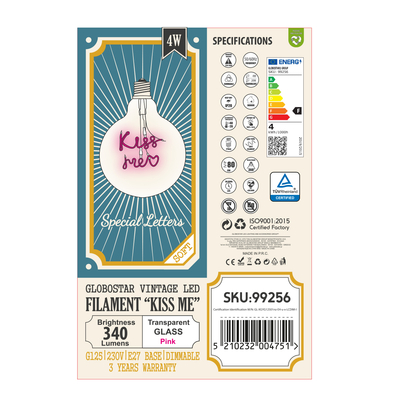 GLOBOSTAR® KISS ME 99256 Λάμπα E27 G125 LED 4W 340lm 360° AC 220-240V IP20 Ροζ Dimmable - Filament Chip - Διάφανο - Μ12.5 x Π12.5 x Υ18cm - 3 Χρόνια Εγγύηση