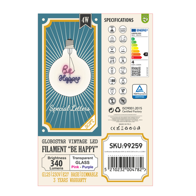 GLOBOSTAR® BE HAPPY 99259 Λάμπα E27 G125 LED 4W 340lm 360° AC 220-240V IP20 Ροζ Dimmable - Filament Chip - Διάφανο - Μ12.5 x Π12.5 x Υ18cm - 3 Χρόνια Εγγύηση