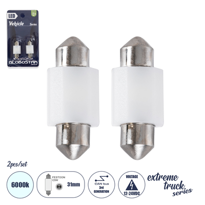 GLOBOSTAR® C5W 81332-B Σωληνωτή Λάμπα C5W 31mm CANbus LED 1.9W/3.8W 100lm/200lm 120° DC 12-24V IP20 Ψυχρό Λευκό 6000K - 2 x Epistar SMD3030 Chip - Μ3.1 x Π1.2 x Υ1cm - Πακέτο Blister 2 Τεμαχίων - 1 Χρόνο Εγγύηση