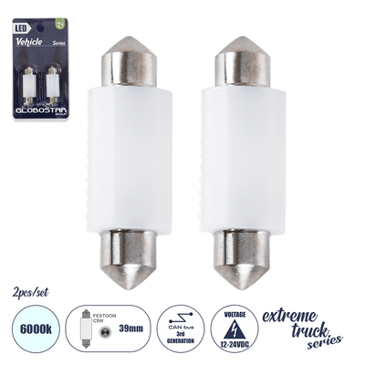 GLOBOSTAR® C5W 81334-B Σωληνωτή Λάμπα C5W 39mm CANbus LED 1.9W/3.8W 285lm/570lm 120° DC 12-24V IP20 Ψυχρό Λευκό 6000K - 2 x Epistar SMD3030 Chip - Μ3.9 x Π1.2 x Υ1cm - Πακέτο Blister 2 Τεμαχίων - 1 Χρόνο Εγγύηση