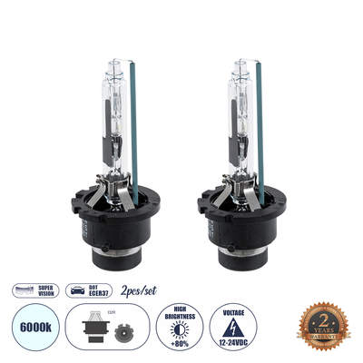 GLOBOSTAR® HID 84043 Λάμπα Xenon D2R Super Vision Υψηλής Φωτεινότητας +80% CANbus DOT ECER37 55W/110W 5000lm/10000lm 360° DC 12-24V Αδιάβροχο IP65 Ψυχρό Λευκό 6000K - Μ3.2 x Π3.2 x Υ7.5cm - Πακέτο 2 Τεμαχίων - 2 Χρόνια Εγγύηση