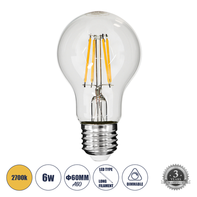 GLOBOSTAR® GLOBE 99006 Λάμπα E27 A60 LED 6W 600lm 360° AC 220-240V IP20 Θερμό Λευκό 2700K Dimmable - Long Filament Chip - Διάφανο - Μ6 x Π6 x Υ10.5cm - 3 Χρόνια Εγγύηση