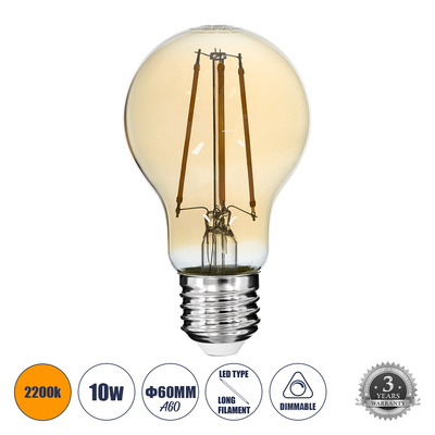 GLOBOSTAR® GLOBE 99038 Λάμπα E27 A60 LED 10W 900lm 360° AC 220-240V IP20 Ultra Θερμό Λευκό 2200K Dimmable - Long Filament Chip - Μελί - Μ6 x Π6 x Υ10.5cm - 3 Χρόνια Εγγύηση