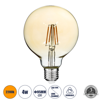 GLOBOSTAR® BUBBLE 99039 Λάμπα E27 G95 LED 4W 350lm 360° AC 220-240V IP20 Ultra Θερμό Λευκό 2200K Dimmable - Long Filament Chip - Μελί - Μ9.5 x Π9.5 x Υ13.7cm - 3 Χρόνια Εγγύηση