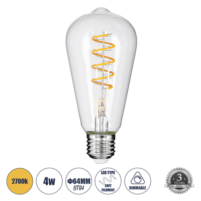 GLOBOSTAR® PEAR 99143 Λάμπα E27 ST64 LED 4W 300lm 360° AC 220-240V IP20 Θερμό Λευκό 2700K Dimmable - Soft S Spiral Filament Chip - Διάφανο - Μ6.4 x Π6.4 x Υ14cm - 3 Χρόνια Εγγύηση