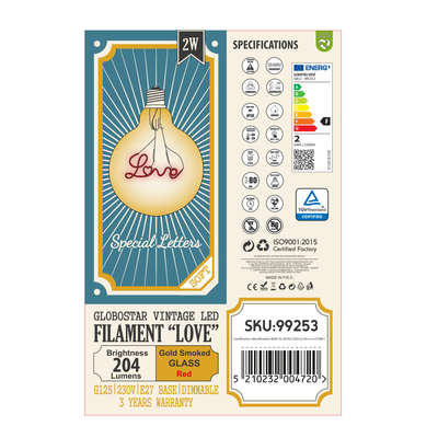 GLOBOSTAR® LOVE 99253 Λάμπα E27 G125 LED 2.4W 204lm 360° AC 220-240V IP20 Κόκκινο Dimmable - Filament Chip - Μελί - Μ12.5 x Π12.5 x Υ18cm - 3 Χρόνια Εγγύηση