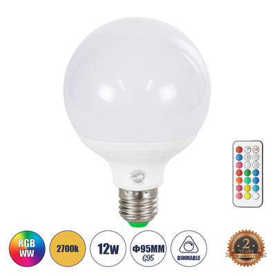 GLOBOSTAR® RGBOO 76071 Λάμπα E27 G95 με IR Ασύρματο Χειριστήριο LED 12W 780lm 260° AC 220-240V IP20 Πολύχρωμο RGB+WW Dimmable - Sanan SMD Chip - Μ9.5 x Π9.5 x Υ14cm - 2 Χρόνια Εγγύηση