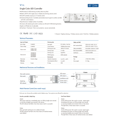 GLOBOSTAR® SKYDANCE-V1-L 71568 DC RF 2.4Ghz & Push Dimmer / Controller με 1 x 15A 480W Κανάλι DC 12-48V 15A 480W Max IP20 - RF 2.4Ghz & Push Dimming - Μ17.5 x Π4.5 x Υ2.5cm - 5 Χρόνια Εγγύηση