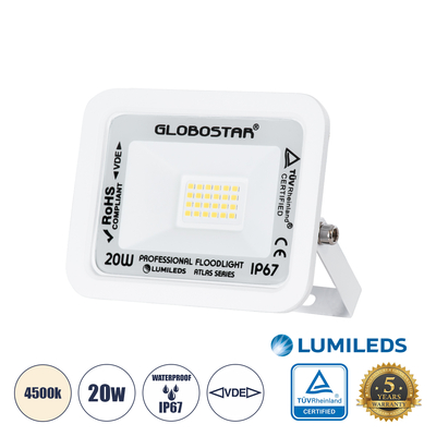 GLOBOSTAR® ATLAS 61408 Προβολέας LED 20W 2400lm 120° AC 220-240V Αδιάβροχο IP67 Φυσικό Λευκό 4500K - Lumileds SMD Chip - TÜV Rheinland Certified - Λευκό Ματ - Μ12 x Π2.5 x Υ9.5cm - 5 Χρόνια Εγγύηση