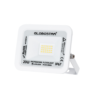 GLOBOSTAR® ATLAS 61408 Προβολέας LED 20W 2400lm 120° AC 220-240V Αδιάβροχο IP67 Φυσικό Λευκό 4500K - Lumileds SMD Chip - TÜV Rheinland Certified - Λευκό Ματ - Μ12 x Π2.5 x Υ9.5cm - 5 Χρόνια Εγγύηση