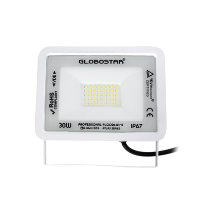 GLOBOSTAR® ATLAS 61413 Προβολέας LED 30W 3750lm 120° AC 220-240V Αδιάβροχο IP67 Ψυχρό Λευκό 6000K - Lumileds SMD Chip - TÜV Rheinland Certified - Λευκό Ματ - Μ16 x Π2.5 x Υ12.5cm - 5 Χρόνια Εγγύηση