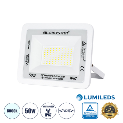 GLOBOSTAR® ATLAS 61419 Προβολέας LED 50W 6250lm 120° AC 220-240V Αδιάβροχο IP67 Ψυχρό Λευκό 6000K - Lumileds SMD Chip - TÜV Rheinland Certified - Λευκό Ματ - Μ21 x Π3.5 x Υ16cm - 5 Χρόνια Εγγύηση