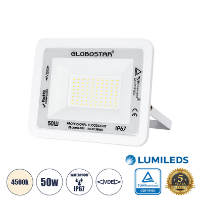GLOBOSTAR® ATLAS 61420 Προβολέας LED 50W 6000lm 120° AC 220-240V Αδιάβροχο IP67 Φυσικό Λευκό 4500K - Lumileds SMD Chip - TÜV Rheinland Certified - Λευκό Ματ - Μ21 x Π3.5 x Υ16cm - 5 Χρόνια Εγγύηση