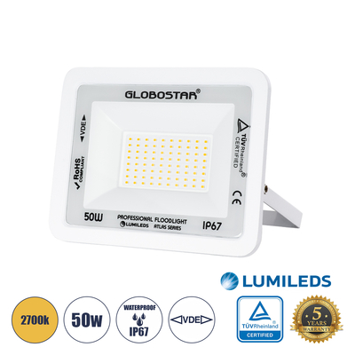 GLOBOSTAR® ATLAS 61421 Προβολέας LED 50W 5750lm 120° AC 220-240V Αδιάβροχο IP67 Θερμό Λευκό 2700K - Lumileds SMD Chip - TÜV Rheinland Certified - Λευκό Ματ - Μ21 x Π3.5 x Υ16cm - 5 Χρόνια Εγγύηση