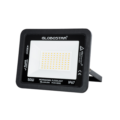 GLOBOSTAR® ATLAS 61424 Προβολέας LED 50W 5750lm 120° AC 220-240V Αδιάβροχο IP67 Θερμό Λευκό 2700K - Lumileds SMD Chip - TÜV Rheinland Certified - Μαύρο Ματ - Μ21 x Π3.5 x Υ16cm - 5 Χρόνια Εγγύηση