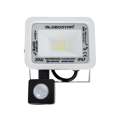 GLOBOSTAR® AURORA 64138 Προβολέας με Ανιχνευτή PIR / Αισθητήρα Κίνησης LED 20W 2500lm 120° AC 220-240V Αδιάβροχο IP67 Ψυχρό Λευκό 6000K - Lumileds SMD Chip - TÜV Rheinland Certified - Λευκό Ματ - Μ12 x Π5 x Υ14.5cm - 3 Χρόνια Εγγύηση
