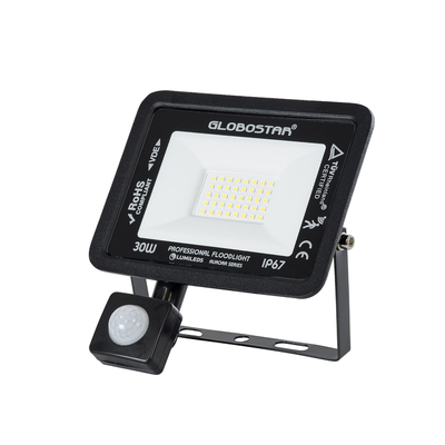GLOBOSTAR® AURORA 64139 Προβολέας με Ανιχνευτή PIR / Αισθητήρα Κίνησης LED 30W 3750lm 120° AC 220-240V Αδιάβροχο IP67 Ψυχρό Λευκό 6000K - Lumileds SMD Chip - TÜV Rheinland Certified - Μαύρο Ματ - Μ16 x Π5 x Υ17.5cm - 3 Χρόνια Εγγύηση