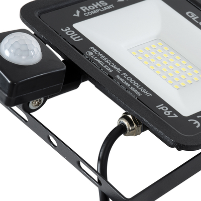 GLOBOSTAR® AURORA 64139 Προβολέας με Ανιχνευτή PIR / Αισθητήρα Κίνησης LED 30W 3750lm 120° AC 220-240V Αδιάβροχο IP67 Ψυχρό Λευκό 6000K - Lumileds SMD Chip - TÜV Rheinland Certified - Μαύρο Ματ - Μ16 x Π5 x Υ17.5cm - 3 Χρόνια Εγγύηση