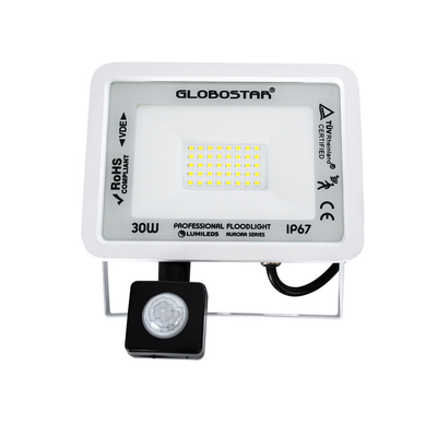 GLOBOSTAR® AURORA 64440 Προβολέας με Ανιχνευτή PIR / Αισθητήρα Κίνησης LED 30W 3750lm 120° AC 220-240V Αδιάβροχο IP67 Ψυχρό Λευκό 6000K - Lumileds SMD Chip - TÜV Rheinland Certified - Λευκό Ματ - Μ16 x Π5 x Υ17.5cm - 3 Χρόνια Εγγύηση