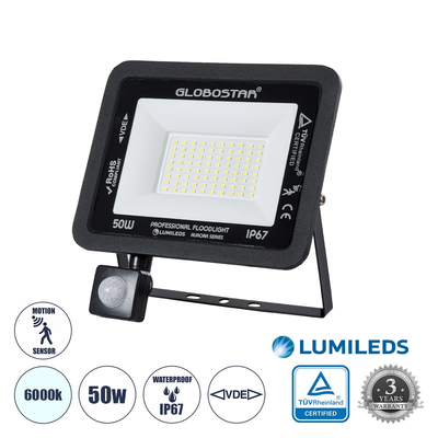 GLOBOSTAR® AURORA 61441 Προβολέας με Ανιχνευτή PIR / Αισθητήρα Κίνησης LED 50W 6250lm 120° AC 220-240V Αδιάβροχο IP67 Ψυχρό Λευκό 6000K - Lumileds SMD Chip - TÜV Rheinland Certified - Μαύρο Ματ - Μ21 x Π5 x Υ21cm - 3 Χρόνια Εγγύηση