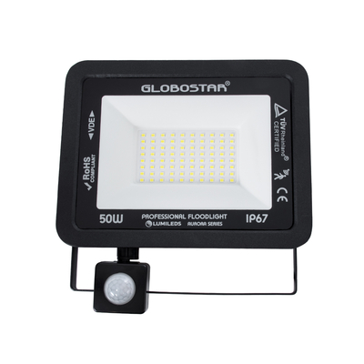 GLOBOSTAR® AURORA 61441 Προβολέας με Ανιχνευτή PIR / Αισθητήρα Κίνησης LED 50W 6250lm 120° AC 220-240V Αδιάβροχο IP67 Ψυχρό Λευκό 6000K - Lumileds SMD Chip - TÜV Rheinland Certified - Μαύρο Ματ - Μ21 x Π5 x Υ21cm - 3 Χρόνια Εγγύηση