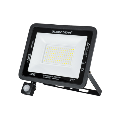 GLOBOSTAR® AURORA 61443 Προβολέας με Ανιχνευτή PIR / Αισθητήρα Κίνησης LED 100W 12500lm 120° AC 220-240V Αδιάβροχο IP67 Ψυχρό Λευκό 6000K - Lumileds SMD Chip - TÜV Rheinland Certified - Μαύρο Ματ - Μ25 x Π6.5 x Υ27.5cm - 3 Χρόνια Εγγύηση