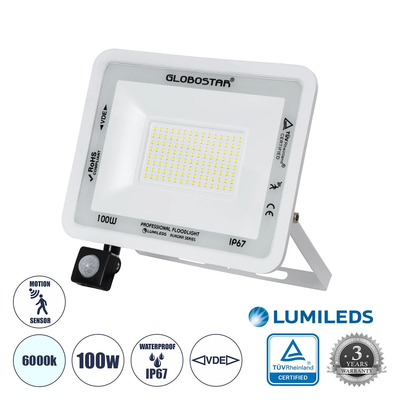 GLOBOSTAR® AURORA 61444 Προβολέας με Ανιχνευτή PIR / Αισθητήρα Κίνησης LED 100W 12500lm 120° AC 220-240V Αδιάβροχο IP67 Ψυχρό Λευκό 6000K - Lumileds SMD Chip - TÜV Rheinland Certified - Λευκό Ματ - Μ25 x Π6.5 x Υ27.5cm - 3 Χρόνια Εγγύηση