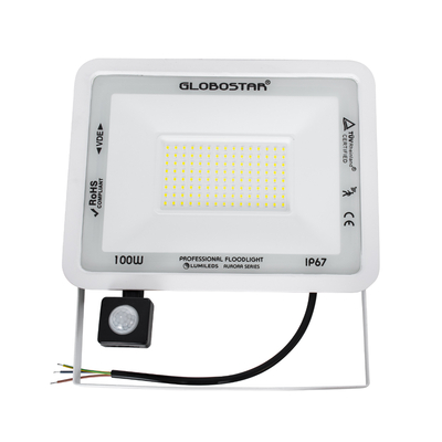 GLOBOSTAR® AURORA 61444 Προβολέας με Ανιχνευτή PIR / Αισθητήρα Κίνησης LED 100W 12500lm 120° AC 220-240V Αδιάβροχο IP67 Ψυχρό Λευκό 6000K - Lumileds SMD Chip - TÜV Rheinland Certified - Λευκό Ματ - Μ25 x Π6.5 x Υ27.5cm - 3 Χρόνια Εγγύηση