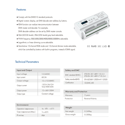 GloboStar® 71449 D12 SKYDANCE DC DMX & RDM Dimmer Din Rail Ράγας High Speed Controller / Decoder / Master 12 Καναλιών DC 12-24V 12 x 5A 120W - Max 60.5A 1440W - IP20 Μ15.5 x Π9 x Υ6cm - 5 Years Warranty