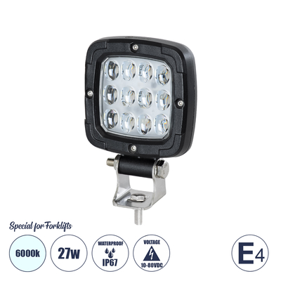 GloboStar® 85454 E4 Mark Vehicle & Forklift Work Lights - Φώτα Εργασίας για Οχήματα Περονοφόρα - Κλάρκ LED 27W DC 10-80V Αδιάβροχο IP67 Ψυχρό Λευκό 6000K Μ9.5 x Π3 x Υ13.5cm