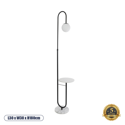 GloboStar® CORDELIA 02026 Μοντέρνο Επιδαπέδιο Φωτιστικό Μονόφωτο 1 x E27 IP20  - Μαύρο Μέταλλο, Λευκό Γυαλί με Λευκό Μάρμαρο - Μ30 x Π38 x Υ180cm