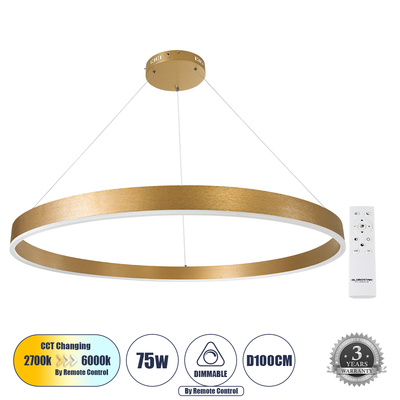 GLOBOSTAR® VENOM 61184 Μοντέρνο Κρεμαστό Φωτιστικό Οροφής LED 75W 8818lm 120° AC 220-240V IP20 Ρυθμιζόμενο Λευκό CCT με Χειριστήριο από 2700K έως 6000K Dimmable - Lumileds SMD Chip - Χρυσό Βούρτσας - Μ100 x Π100 x Υ6.5cm - 3 Χρόνια Εγγύηση