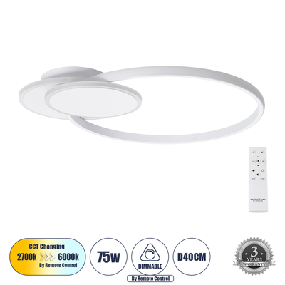 GLOBOSTAR® CIRCUO 61230 Μοντέρνο Φωτιστικό Οροφής LED 75W 8400lm 360° AC 220-240V IP20 Ρυθμιζόμενο Λευκό CCT με Χειριστήριο από 2700K έως 6000K Dimmable - Lumileds SMD Chip - Λευκό Ματ - Μ53 x Π42.5 x Υ9cm - 3 Χρόνια Εγγύηση