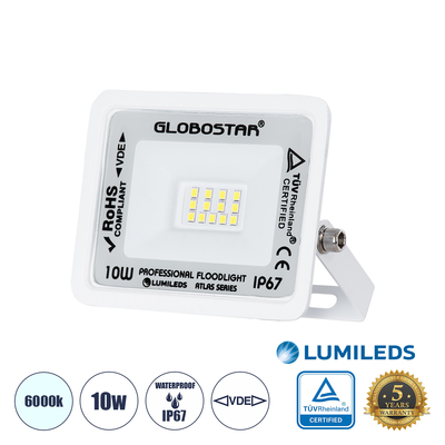 GLOBOSTAR® ATLAS 61404 Προβολέας LED 10W 1250lm 120° AC 220-240V Αδιάβροχο IP67 Ψυχρό Λευκό 6000K - Lumileds SMD Chip - TÜV Rheinland Certified - Λευκό Ματ - Μ10 x Π2 x Υ8cm - 5 Χρόνια Εγγύηση