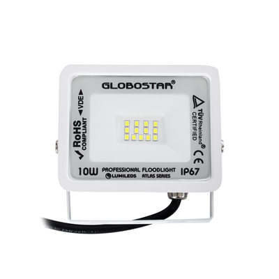 GLOBOSTAR® ATLAS 61404 Προβολέας LED 10W 1250lm 120° AC 220-240V Αδιάβροχο IP67 Ψυχρό Λευκό 6000K - Lumileds SMD Chip - TÜV Rheinland Certified - Λευκό Ματ - Μ10 x Π2 x Υ8cm - 5 Χρόνια Εγγύηση
