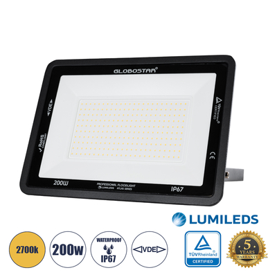 GLOBOSTAR® ATLAS 61433 Προβολέας LED 200W 23000lm 120° AC 220-240V Αδιάβροχο IP67 Θερμό Λευκό 2700K - Lumileds SMD Chip - TÜV Rheinland Certified - Μαύρο Ματ - Μ38 x Π4 x Υ28cm - 5 Χρόνια Εγγύηση