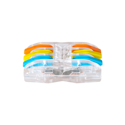 GloboStar® FAST-CONNECT 69908 Τριπλή Κλέμα Ταχείας Σύνδεσης & Διακλάδωσης Καλωδίων - 3 x Είσοδοι & 3 x Έξοδοι με Συμβατή Διατομή Καλωδίων 0.08mm² έως 2.5mm² - 250V/4KV 32A Max - Μ4 x Π4 x Υ1.5cm - Διάφανο με Πορτοκαλί, Κίτρινο & Μπλε - Πακέτο 5 Τεμαχίων - 5 Years Warranty