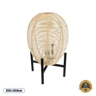 GloboStar® NERINA 02014 Boho Επιτραπέζιο Φωτιστικό Πορτατίφ Μονόφωτο 1 x E27 IP20 Μαύρο Μέταλλο με Μπεζ Ξύλο - Μ30 x Π30 x Υ50cm