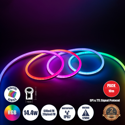 GLOBOSTAR® NEONIO 90755 Ψηφιακή Pixel Addressable Ταινία Neon Flex LED 14.4W/m 864lm/m 180° DC 12V Αδιάβροχο IP67 60 x SMD5050 Chip/m 20 x Pixel/m Πολύχρωμο RGB Dimmable SPI/TTL Protocol IC SM16703P/WS2811/WS2812 - Μ1000 x Π1 x Υ2.3cm - Ρολό 10 Μέτρων - 2 Χρόνια Εγγύηση