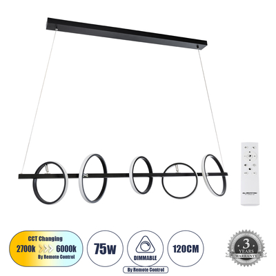 GLOBOSTAR® CIRCOLARE 61319 Μοντέρνο Κρεμαστό Φωτιστικό Οροφής LED 75W 8400lm 360° AC 220-240V IP20 Ρυθμιζόμενο Λευκό CCT με Χειριστήριο από 2700K έως 6000K Dimmable - Lumileds SMD Chip - Μαύρο Ματ - Μ120 x Π25 x Υ25cm - 3 Χρόνια Εγγύηση