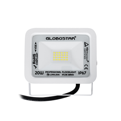 GLOBOSTAR® ATLAS 61407 Προβολέας LED 20W 2500lm 120° AC 220-240V Αδιάβροχο IP67 Ψυχρό Λευκό 6000K - Lumileds SMD Chip - TÜV Rheinland Certified - Λευκό Ματ - Μ12 x Π2.5 x Υ9.5cm - 5 Χρόνια Εγγύηση