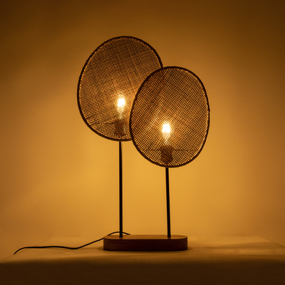 GloboStar® AZUL 02231 Boho Επιτραπέζιο Φωτιστικό Πορτατίφ Διφωτο 2 x E27 IP20 Μπεζ & Καφέ Ξύλο με Μαύρο Μέταλλο - Μ45 x Π11 x Υ75cm