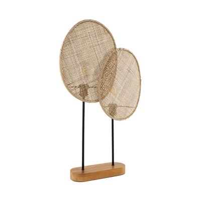 GloboStar® AZUL 02231 Boho Επιτραπέζιο Φωτιστικό Πορτατίφ Διφωτο 2 x E27 IP20 Μπεζ & Καφέ Ξύλο με Μαύρο Μέταλλο - Μ45 x Π11 x Υ75cm