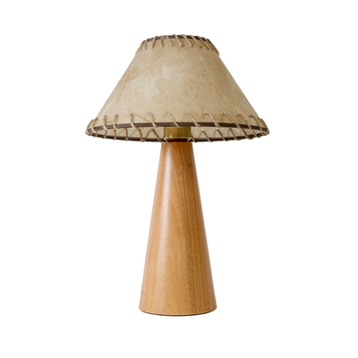 GloboStar® MASPALOMAS 02291 Boho Επιτραπέζιο Φωτιστικό Πορτατίφ Μονόφωτο 1 x E27 IP20 Καφέ Ξύλο με Μπεζ Ύφασμα - Μ30 x Π30 x Υ45cm