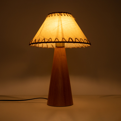 GloboStar® MASPALOMAS 02291 Boho Επιτραπέζιο Φωτιστικό Πορτατίφ Μονόφωτο 1 x E27 IP20 Καφέ Ξύλο με Μπεζ Ύφασμα - Μ30 x Π30 x Υ45cm